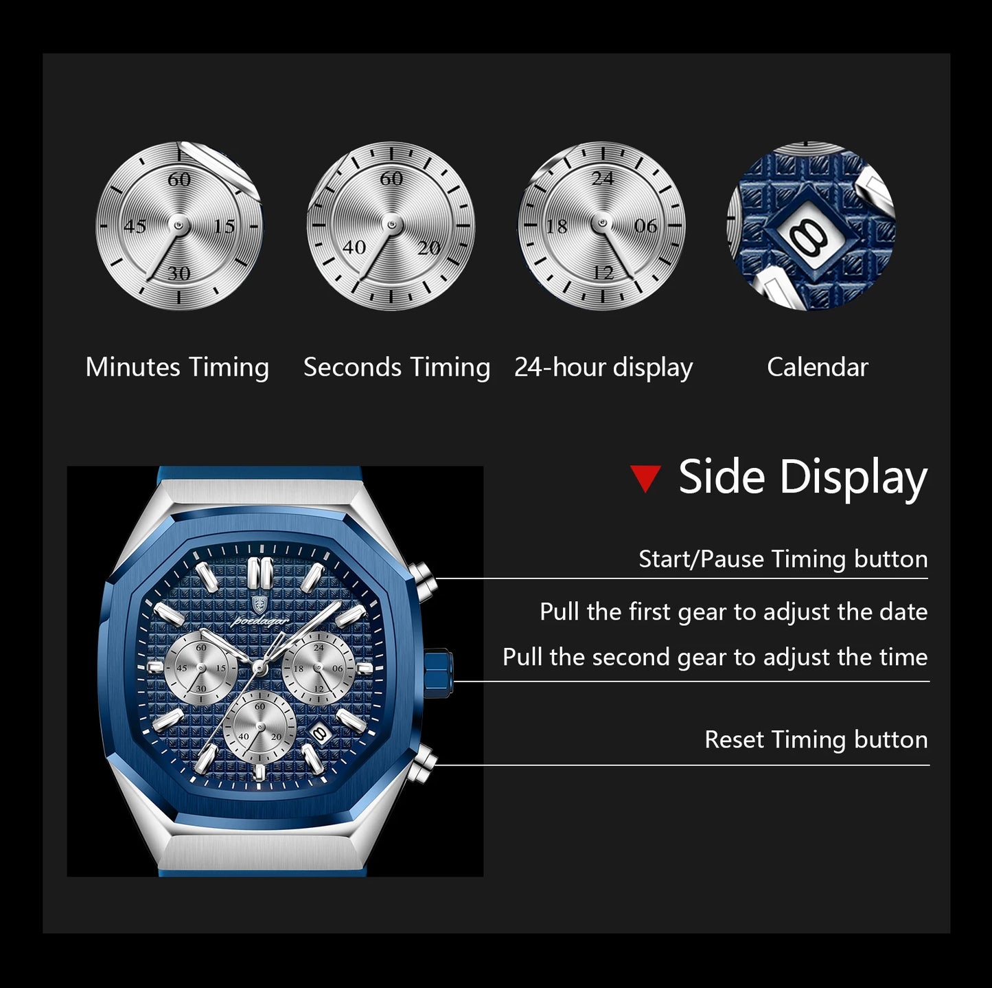 POEDAGAR Business Men's Watch Chronograph Date Silicone Strap Quartz Man Watch Waterproof Luminous Fashion Watches For Men Reloj