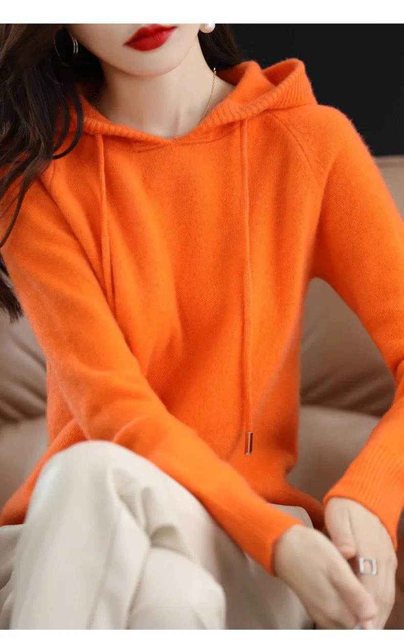 Hooded Sweater Fashion Women Autumn Winter Long Sleeve Solid Color Knitted Hoodies Lady Loose Drawstring Casual Pullover Hoodie