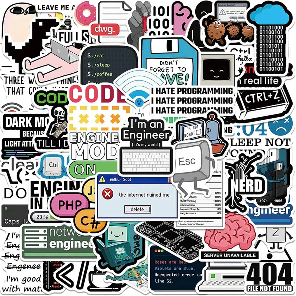 50PCS Cool Engineer Programming Network Coding Hacker Meme Stickers Vinyl DIY Computer Laptop Motorcycle Helmet Car Sticker