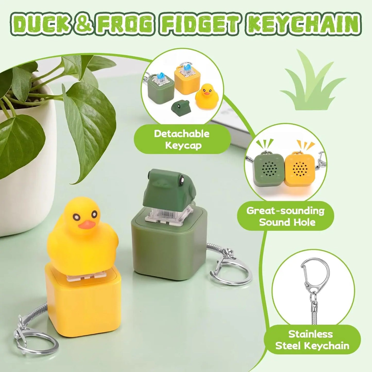 Rechargeable Duck Frog Fidget Clicker Keychain with LED Light, Sensory Toy for Adults Stress Relief Anxiety (Yellow&Green, 2P)
