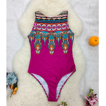 2026 New Printed One-piece Swimsuit Classic Printed Lace Up Swimsuit Women's Push Up Flower One-piece Suit Beach Wear For Female