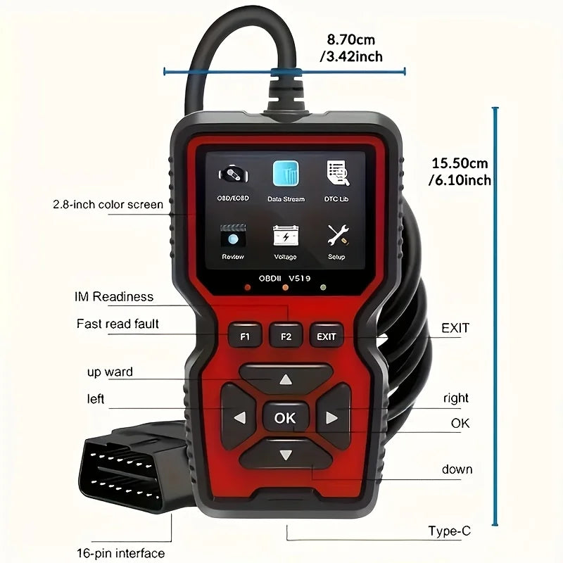 V519 Professional Obd2 Scanner - Usb-Powered Automotive Diagnostic Tool with Real-Time Data Stream, Full-Featured Obd Ii Testing (I/M Ready, Bod2/Eobd), Clears Engine Fault Lights, Reads/Erases Codes for Most Vehicles, Automo