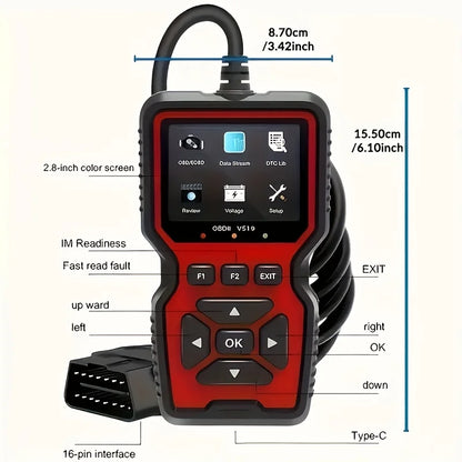 V519 Professional Obd2 Scanner - Usb-Powered Automotive Diagnostic Tool with Real-Time Data Stream, Full-Featured Obd Ii Testing (I/M Ready, Bod2/Eobd), Clears Engine Fault Lights, Reads/Erases Codes for Most Vehicles, Automo