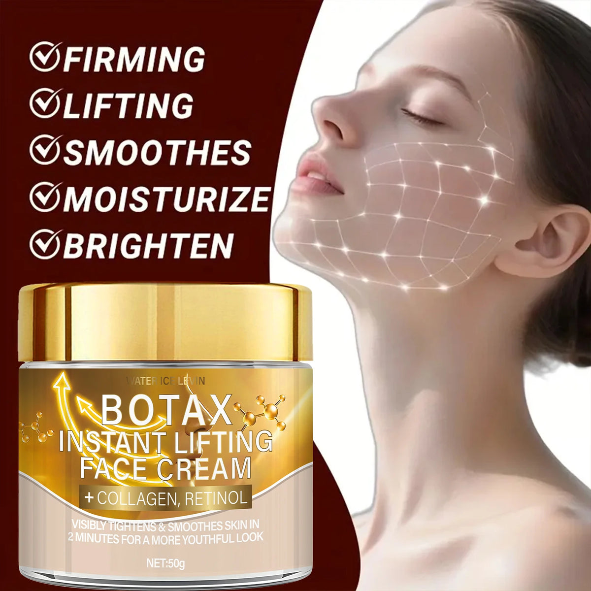 Botax Instant Lifting Face Cream Collagen Retinol Formula Firms Lifts Smooths Moisturizes Brightens 2-Minute Youthful Results 50g