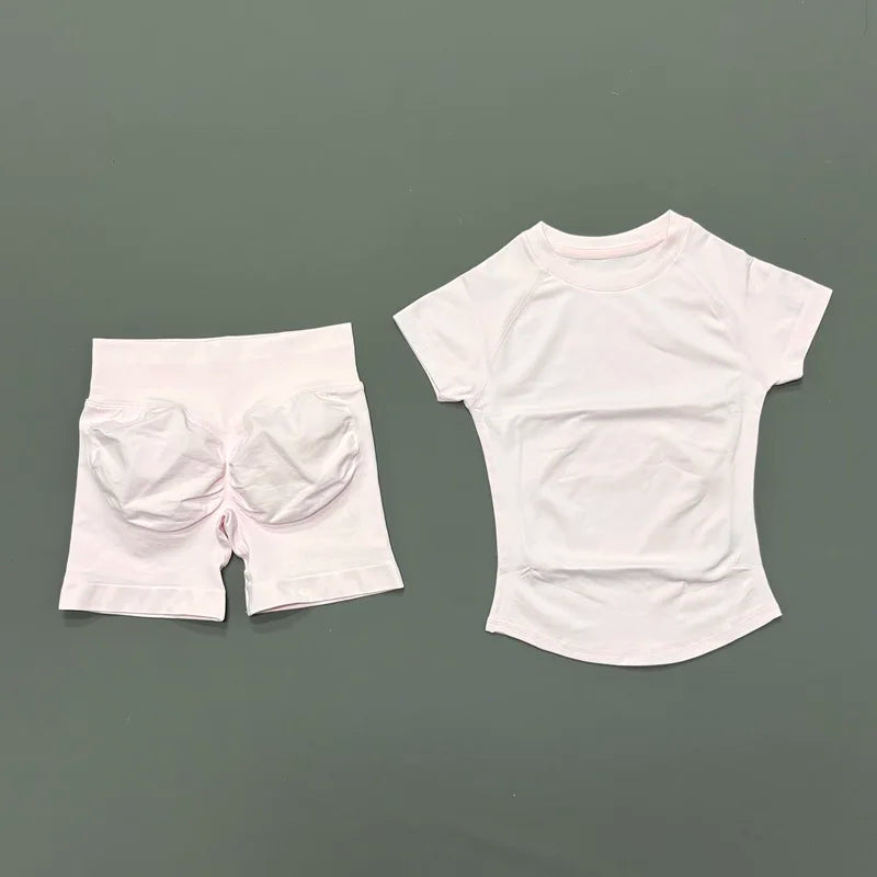 2 Pieces HISTELLO Sports Sets Short Sleeve Seamless Yoga Top Fitness Set Women Workout Running Sports Shorts Gym Suit