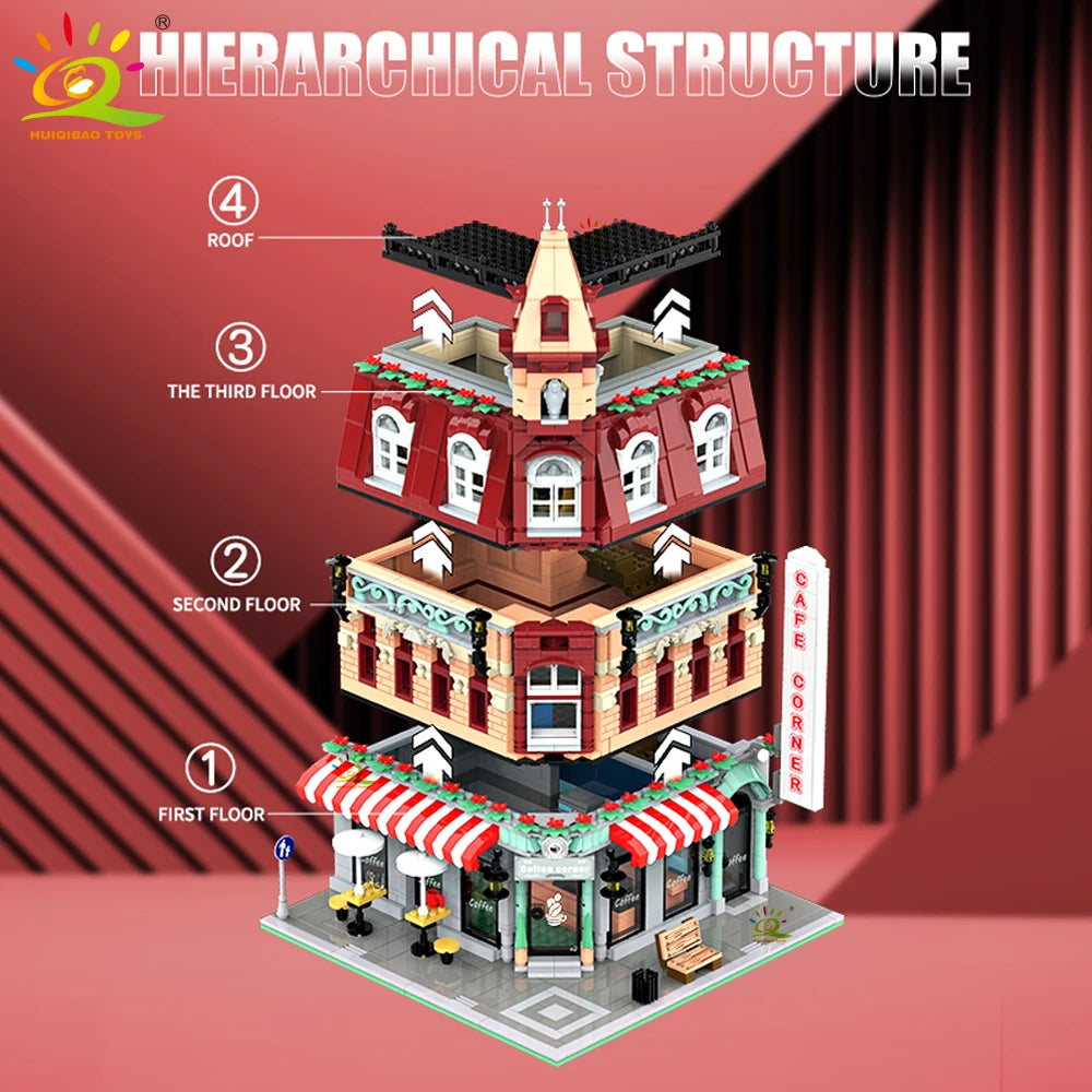 HUIQIBAO Toys MOC City Corner Coffee Shop Architecture Style Street View Micro Building Blocks for Children Construction Bricks