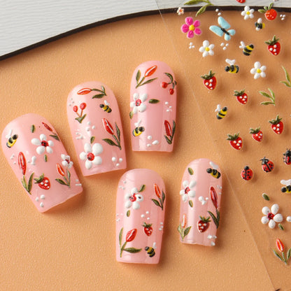 5D Embossed Kawaii Ladybug Sliders Spring White Daisy Flowers Nail Stickers DIY Simple Petals Wedding Nails Decals Accesories