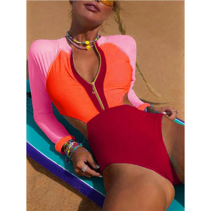 New Patchwork One-Piece Swimsuit Long Sleeve Swimwear Sports Backless Women's Swimming Bathing Suit Beach Wear Bather Surfing