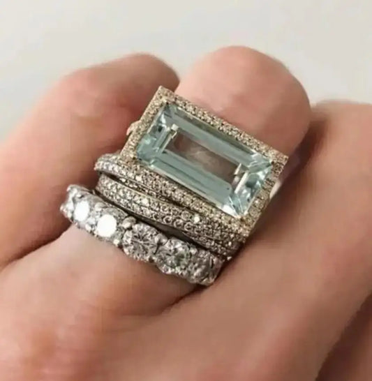 Exquisite Three Piece Set Inlay Blue Color Square Zircon Rings For Women Birthday Gift Accessories Fashion Custom Jewelry