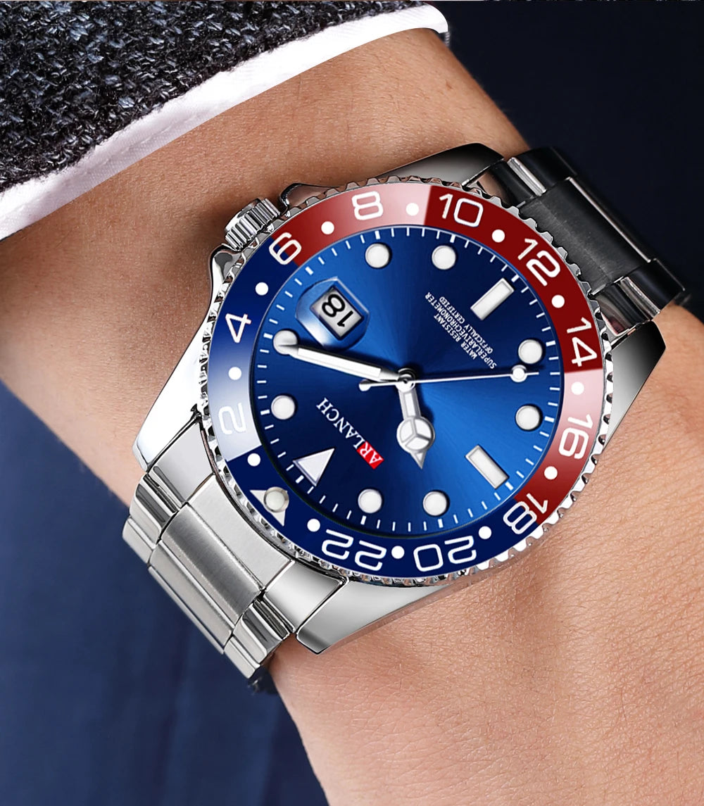 Business Stainless Steel Watch 40mm Classic Red Blue Circle Diving Series Magnifying Glass Calendar Quartz Watches montre homme