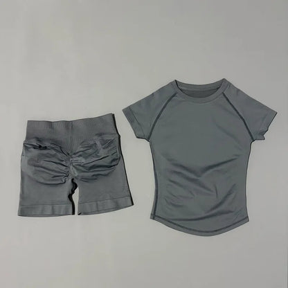 2 Pieces HISTELLO Sports Sets Short Sleeve Seamless Yoga Top Fitness Set Women Workout Running Sports Shorts Gym Suit