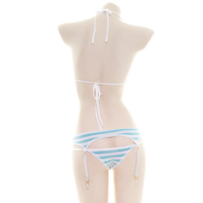 Sexy Bikini Set Women Strap Underwear Stripe Cute Lingerie Micro-Bikinis Swimwear Japanese Schoolgirl Anime Cosplay