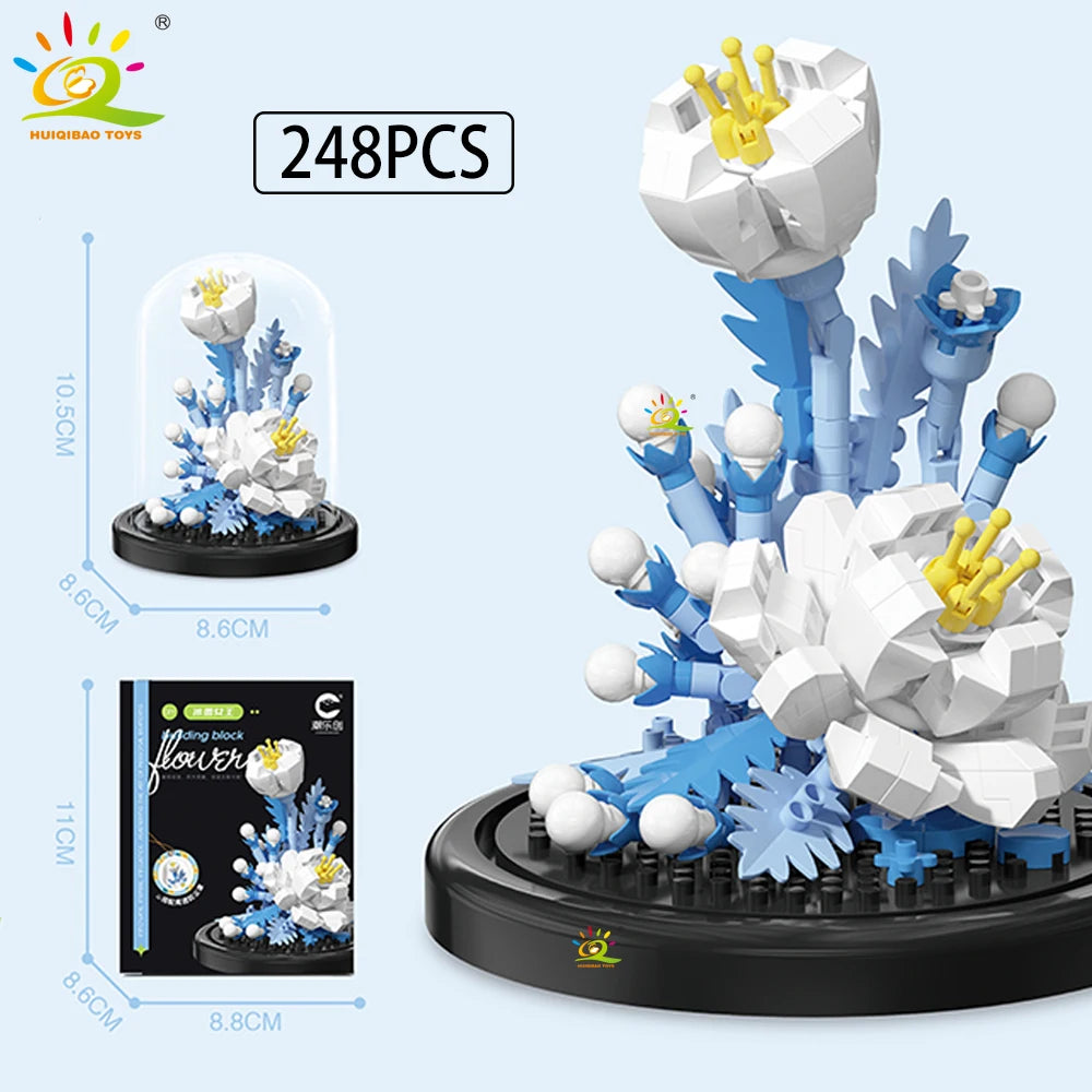 HUIQIBAO MOC Eternal Bouquet Display Box Micro Building Blocks Flower Model DIY Home Desk Plant Decoration Brick Toy For Childre