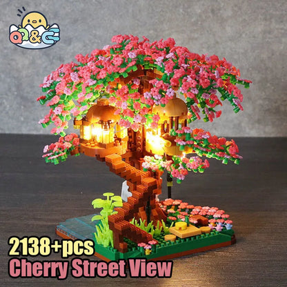Cherry Bonsai Tree Building Blocks Set DIY Sakura Blossom Plants Bricks with Light Treehouse Model Romantic Gift for Girlfriend
