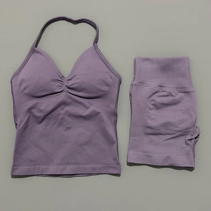 Yoga 2 Pieces Gym Set Women Backless Halter Tops High Waist Seamless Shorts Gym Suit Fitness Sports Bras Sportswear Workout Sets
