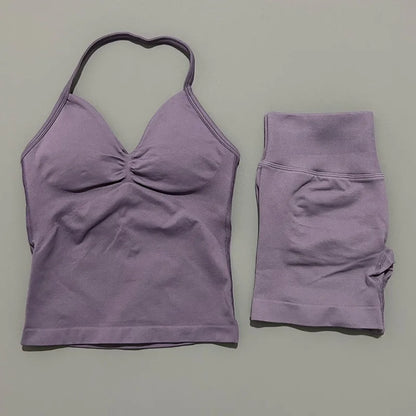 Yoga 2 Pieces Gym Set Women Backless Halter Tops High Waist Seamless Shorts Gym Suit Fitness Sports Bras Sportswear Workout Sets