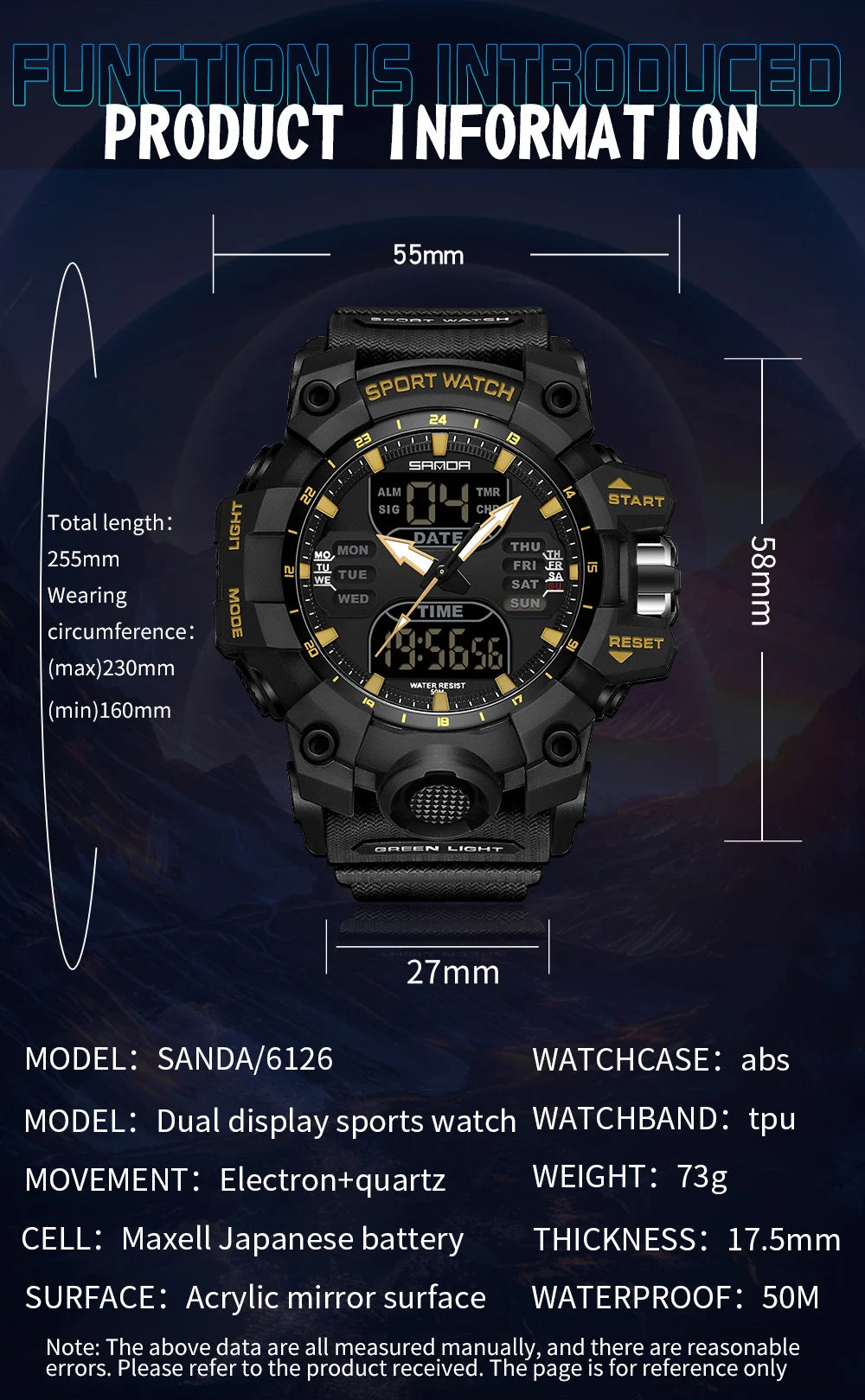 SANDA Outdoor Sports Military Mens Watch LED Digital Electron Quartz Male Wristwatch Dual Display Clock Men Relogio Masculino