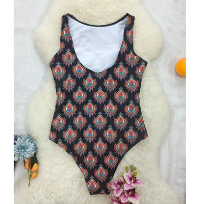 2026 New Printed One-piece Swimsuit Classic Printed Lace Up Swimsuit Women's Push Up Flower One-piece Suit Beach Wear For Female