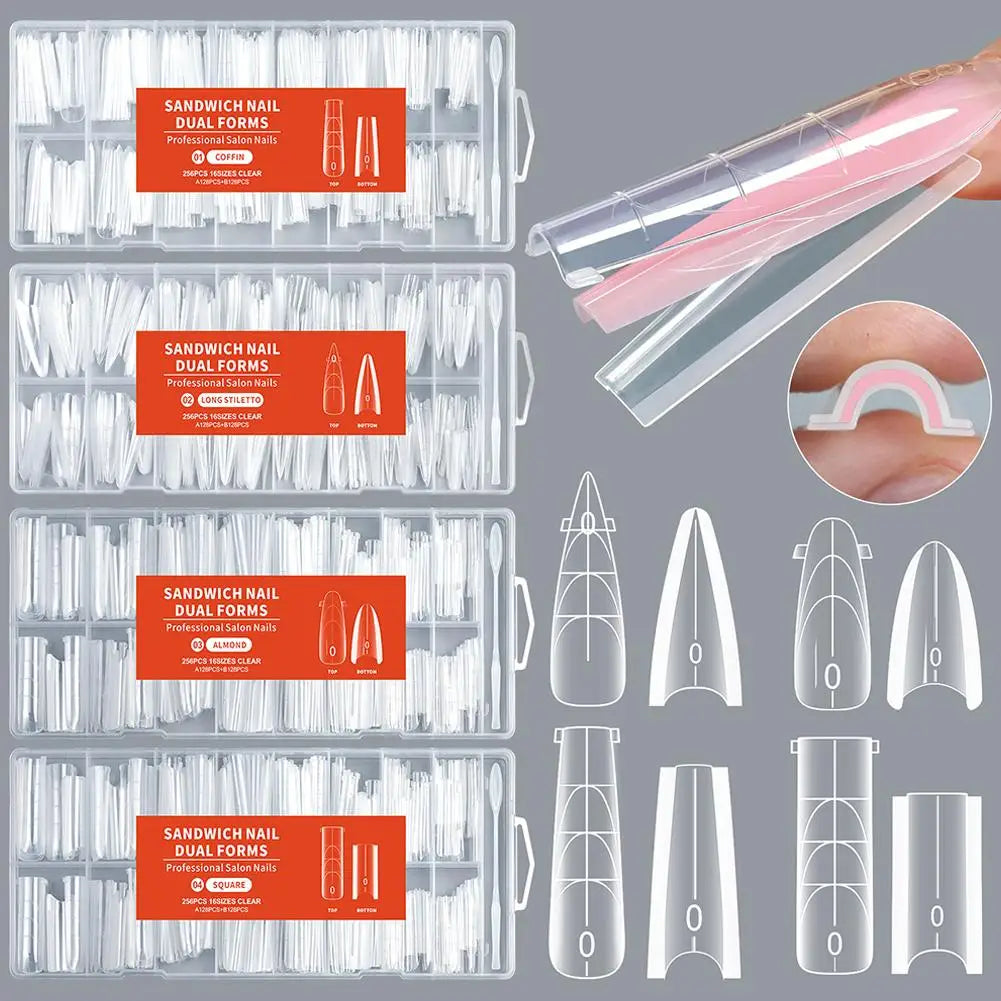 256pcs Sandwich Nail Dual Form Set Quickly Building Full Cover Tips Nail Extension Form Clear French Tip Manicure Tool