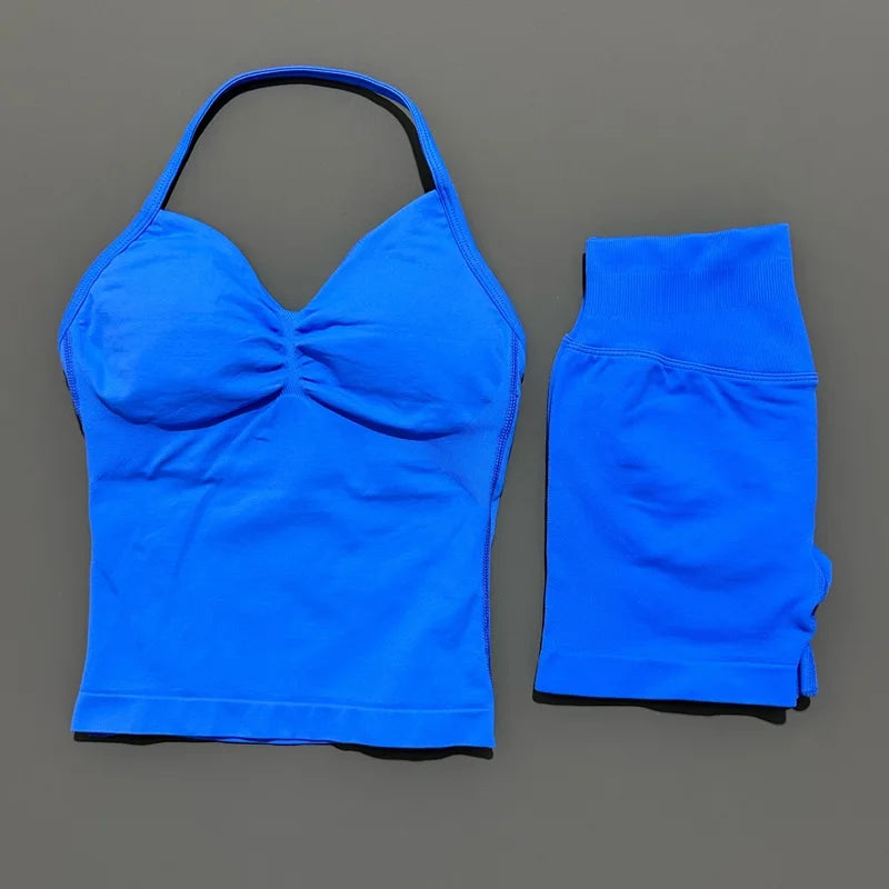 Yoga 2 Pieces Gym Set Women Backless Halter Tops High Waist Seamless Shorts Gym Suit Fitness Sports Bras Sportswear Workout Sets