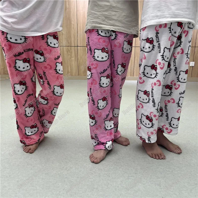 Christmas Sanrio Hello Kitty Pajamas Halloween Flannel Fashion Trouserswomen Kawaii Woolen Anime Cartoon Casual Home Pant Autumn