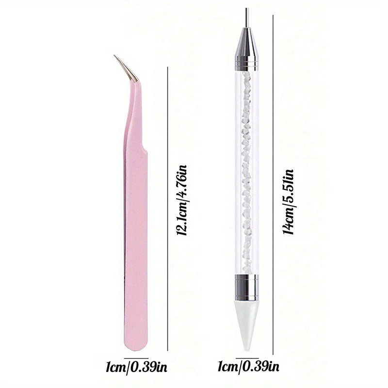 2Pcs set of manicure double-ended diamond pens with crayons stainless steel tweezers nail art grafting eyelashes manicure tools