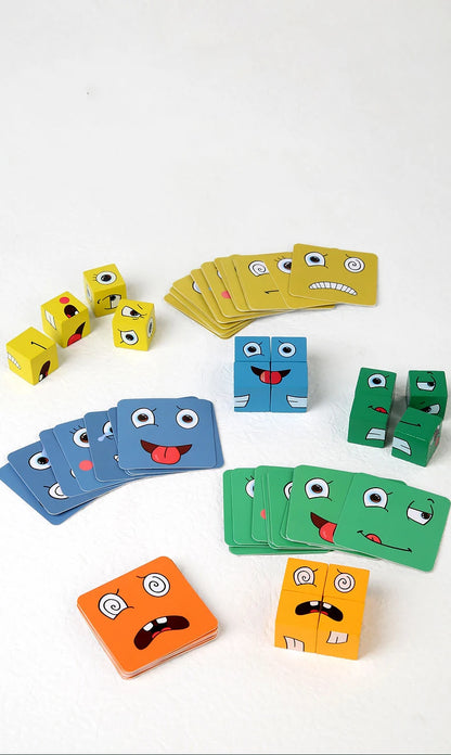 Cube Face Change Building Blocks Board Game Wood Puzzle Montessori Expression Wooden Blocks Blocos For Children Kids Toys Gift