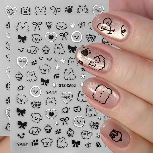 2pcs 3D Cute Silver Smile Dog Decals Y2K Cartoon Cat Footprint Nail Stickers Graffiti Star Heart Bowknot Manicure Slider Decor
