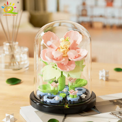 HUIQIBAO MOC Eternal Bouquet Display Box Micro Building Blocks Flower Model DIY Home Desk Plant Decoration Brick Toy For Childre