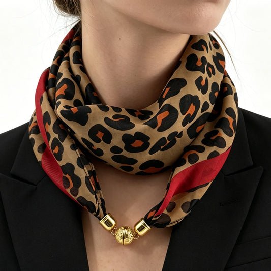 Leopard Print Magnetic Buckle Scarf, 60cm Square Thin Chiffon Neck Scarf, Quick & Easy Wear Fastening Neck Wrap,Decorative Scarf