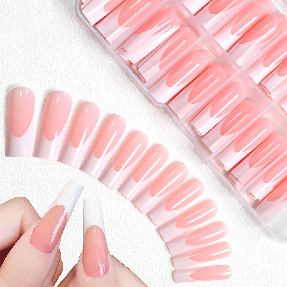 120Pcs Glossy Pink French Press On Nails 12-Sizes Long Square Fake Nails White Edge Design Full Cover French False Fingertips TD