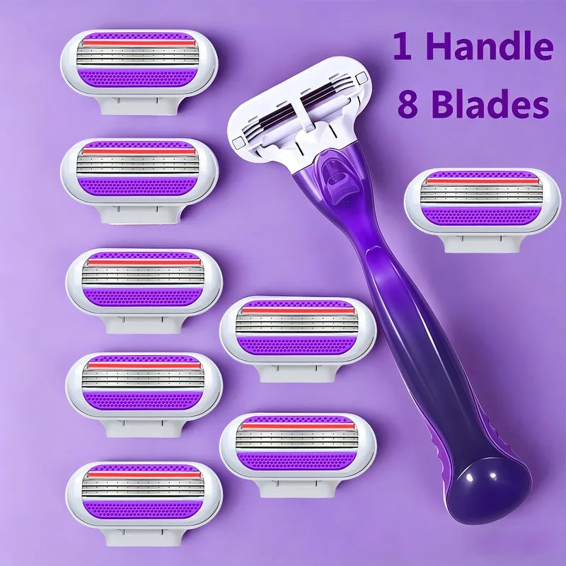 Women Razor 1 Handle 3 Layer Cartridges Stainless Steel Blade Rubber Handle Reusable Body Hair Remove Razor Blade