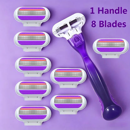 Women Razor 1 Handle 3 Layer Cartridges Stainless Steel Blade Rubber Handle Reusable Body Hair Remove Razor Blade