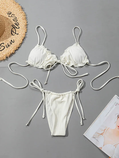New 2025 Sexy Swimsuit Pit stripe Bikini Women Swimwear  Bathing Suits Push Up Biquinis Bandage Beachwear Solid Bikini Sets