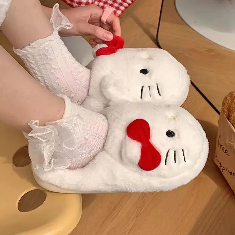 Kawaii Hellokitty Anime Warm Cotton Slippers Autumn Winter Thick Anti Slip Cartoon Plush House Slippers For Girls Surprise Gifts