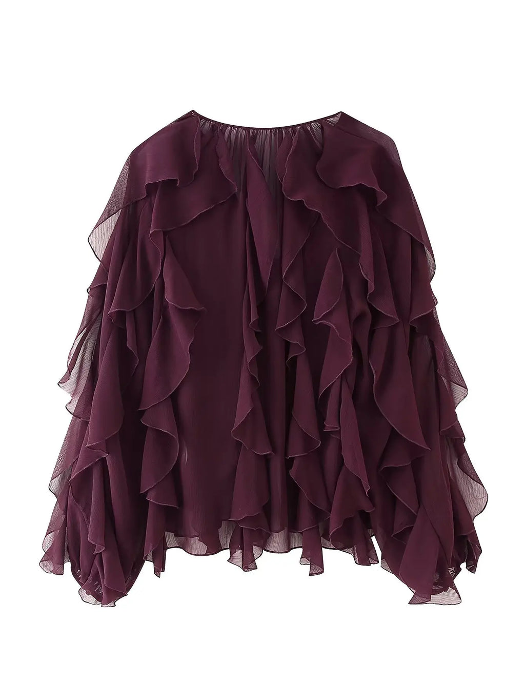 YENKYE New 2025 Women Sexy Semi-sheer Ruffle Shirt Long Sleeve V Neck Front Button Autumn Blouse Burgundy Blusas Mujer