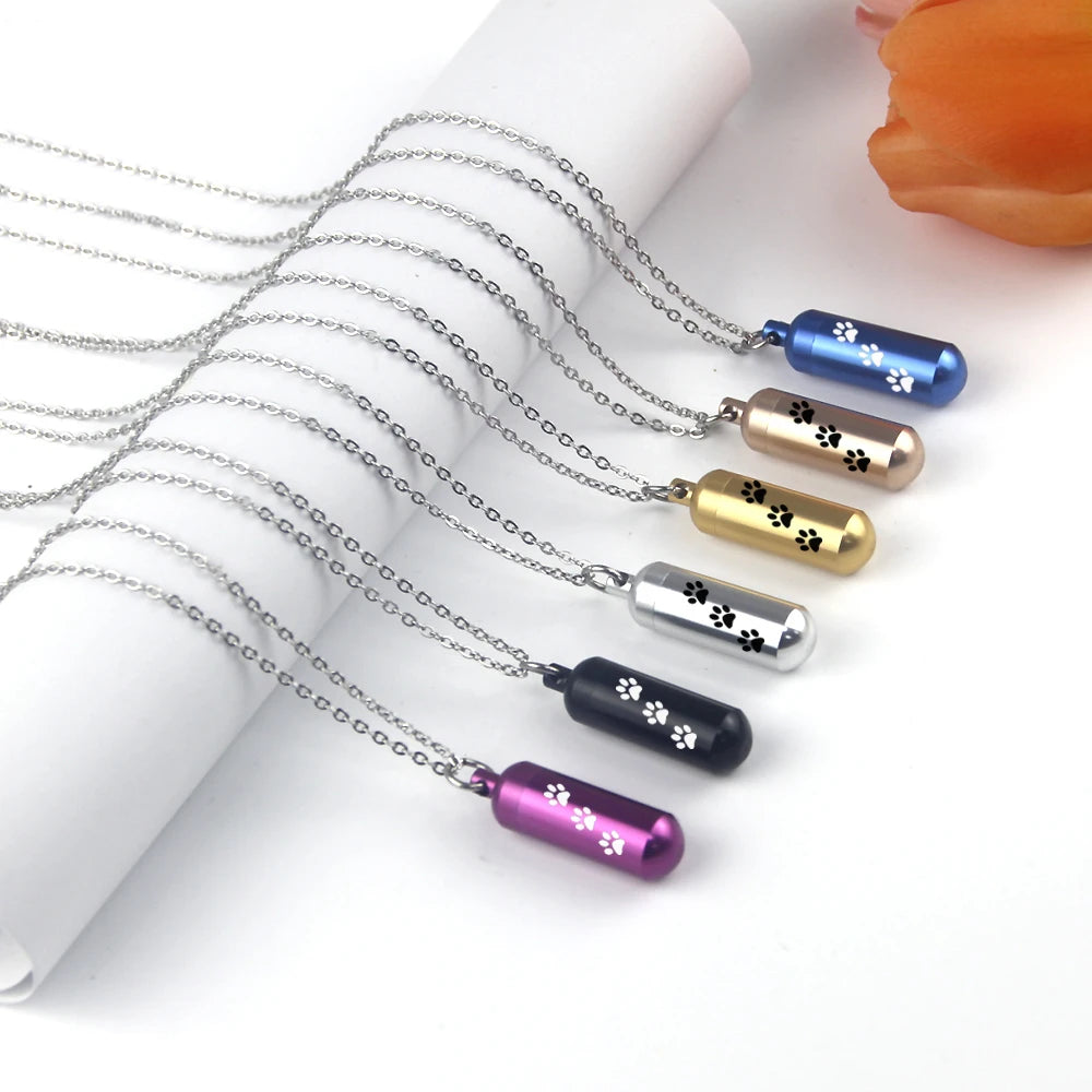 Pet Paws Ashes Jewelry Cremation Urn Memorial Pendant Necklace Aluminum Alloy Cylinder Ashes Jewelry for Ashes Women Men