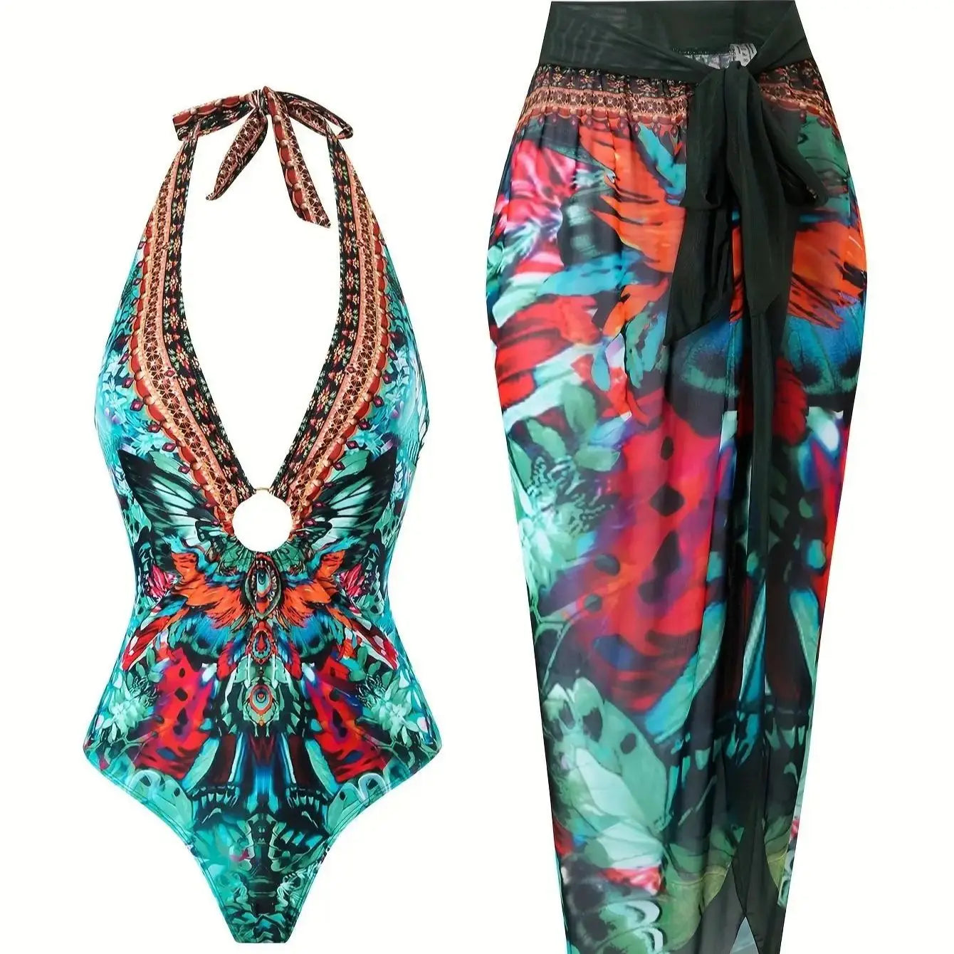 Blue One-Shoulder Ruffled Print Floral Swimsuit Set Cover Up Single Piece Micro Monokini Sexy Swimwear For Girls Summer Beach