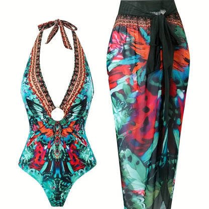 Blue One-Shoulder Ruffled Print Floral Swimsuit Set Cover Up Single Piece Micro Monokini Sexy Swimwear For Girls Summer Beach