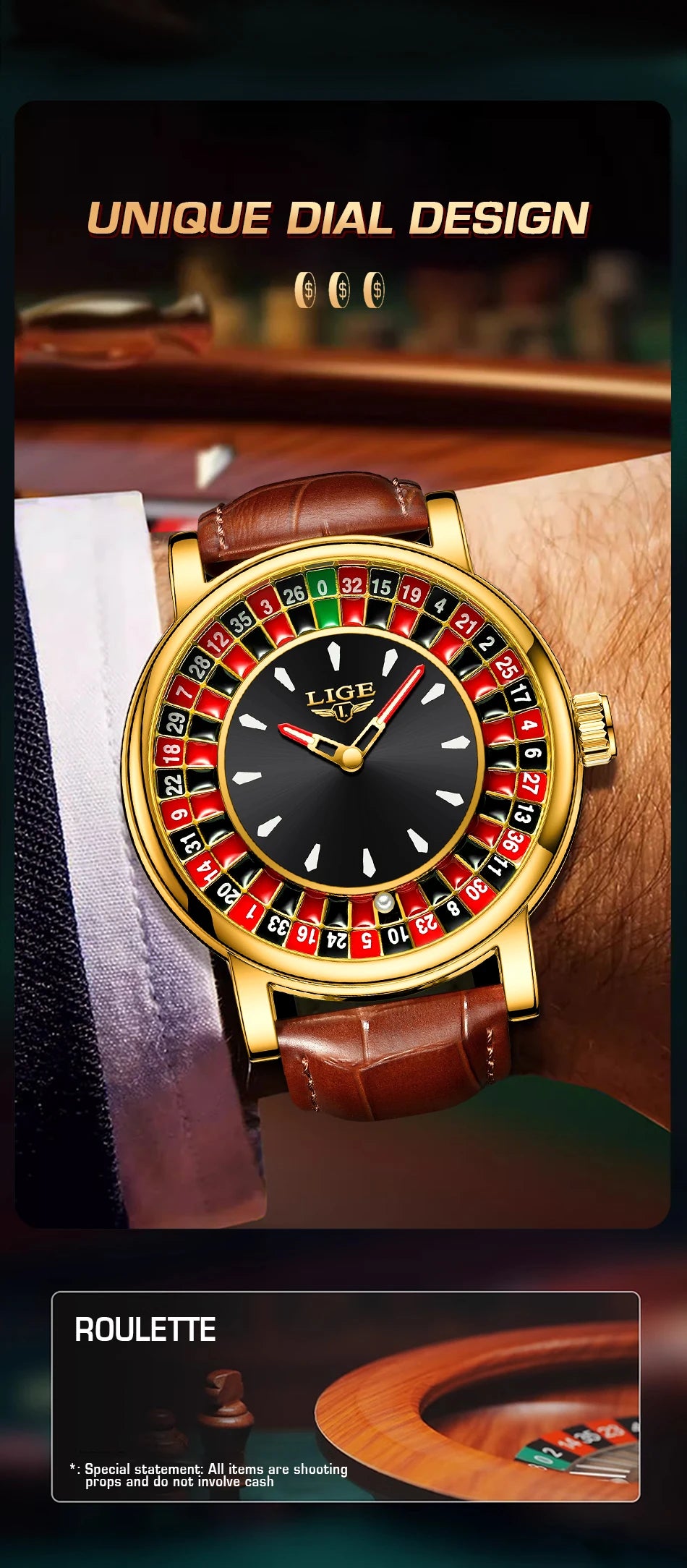 LIGE Fashion Men Watch Rotating Dial Las Vegas Roulette Desktop Theme Watch Men Waterproof Luminous Clock Watches Creative Clock