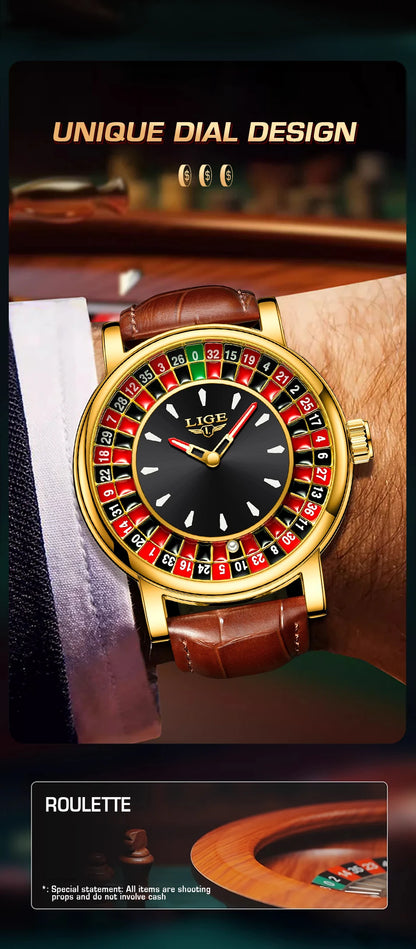 LIGE Fashion Men Watch Rotating Dial Las Vegas Roulette Desktop Theme Watch Men Waterproof Luminous Clock Watches Creative Clock