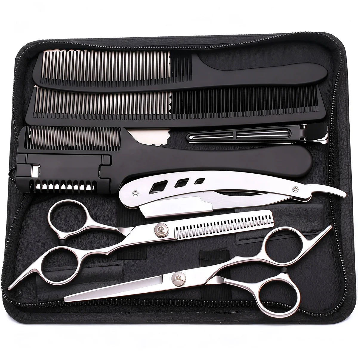 Home Salon Hair Styling Cutting Shears Set Stainless Steel Barber Thinning Scissors Kit with Razor Comb Hairpin Carry Bag 1001