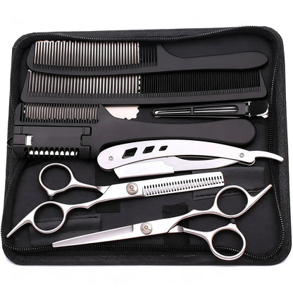 Home Salon Hair Styling Cutting Shears Set Stainless Steel Barber Thinning Scissors Kit with Razor Comb Hairpin Carry Bag 1001