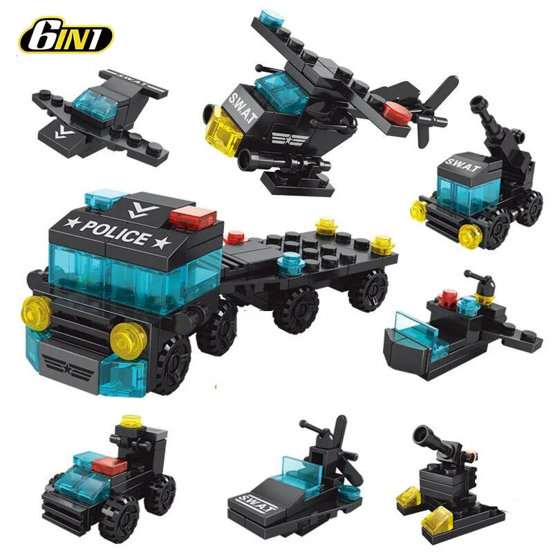 Mini size 6 In 1 Building Blocks DIY Police Car Fire Truck Castle Model Bricks Kids Educational Toys Gifts