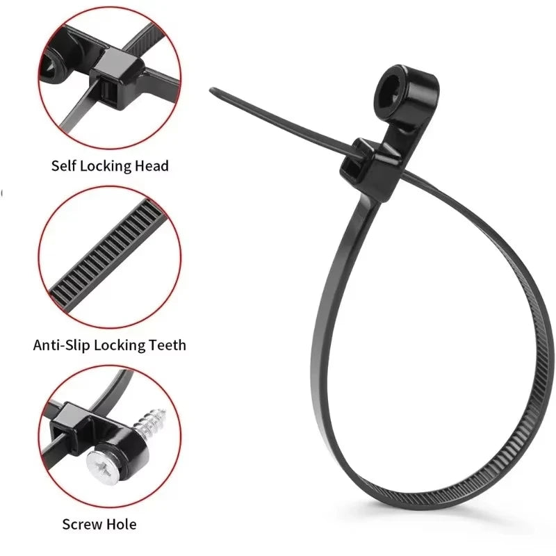 500/100PCS Screw Hole Cable Ties Reusable Fixed Nylon Cable Ties Self-locking Cord Ties Straps Fastening Loop Office Organizer