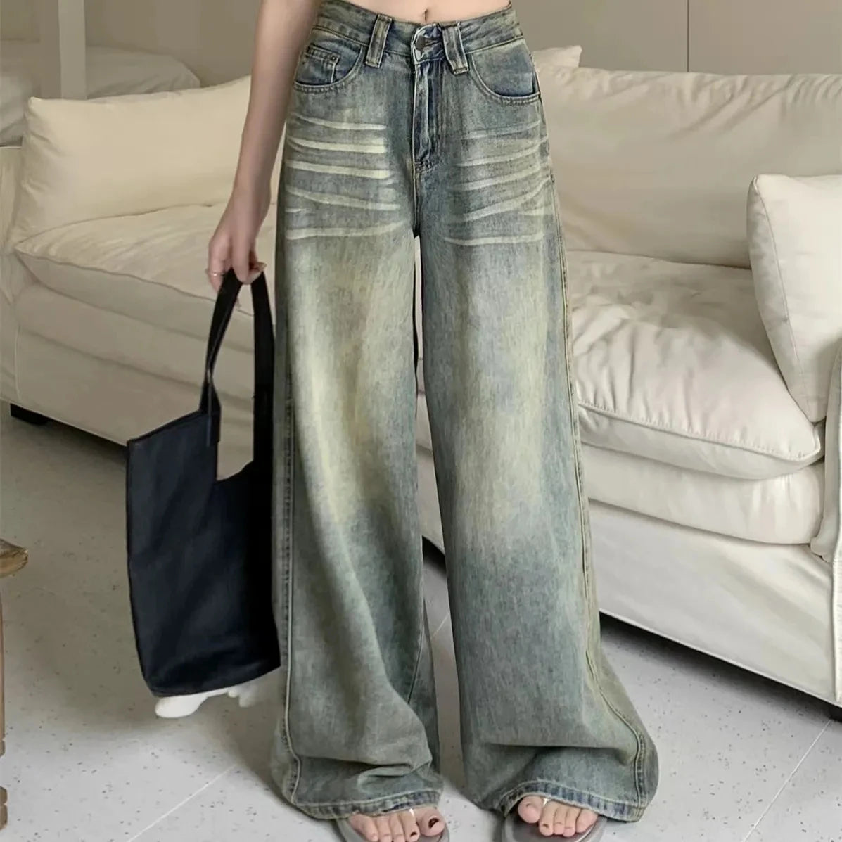 High-Waist Vintage-Wash Straight Jeans