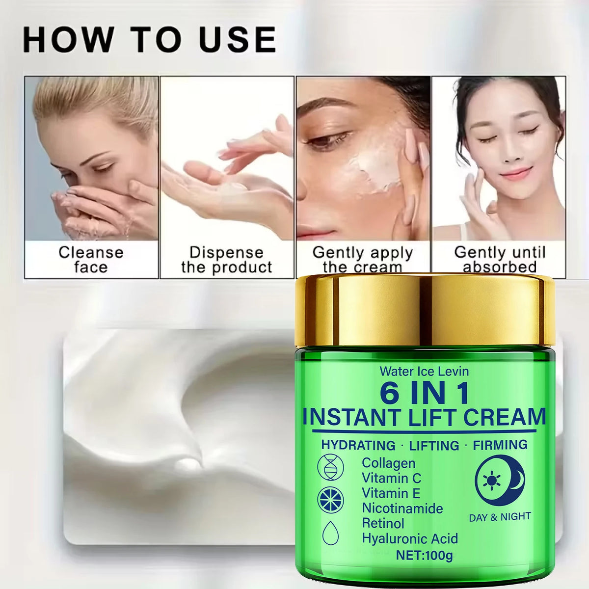 6 in 1 Instant Lift Cream Collagen Vitamin C Retinol Blend. Hydrates Lifts Firms Skin. Day Night Use. Visible Tightening. 100g.