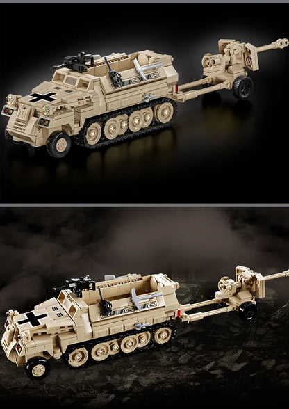 World War 2 WW2 Army Military Soldiers SWAT Half Tracked Armor Vehicle Trailer Assemble Building Blocks Bricks Children's Toys