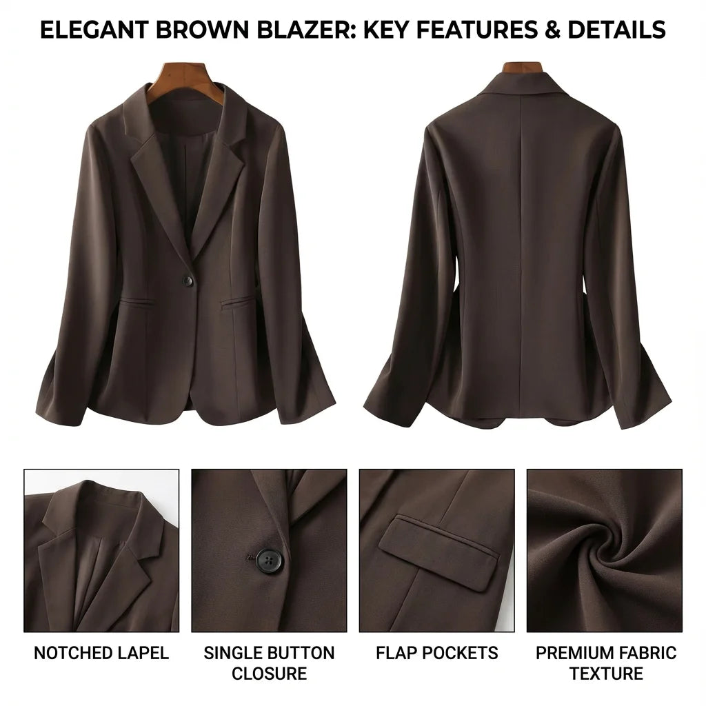 Elegant Brown Blazer for Women Single Button Slim Fit Business Commuter Suit Jacket Korean Fashion OL Style New Spring/Autumn