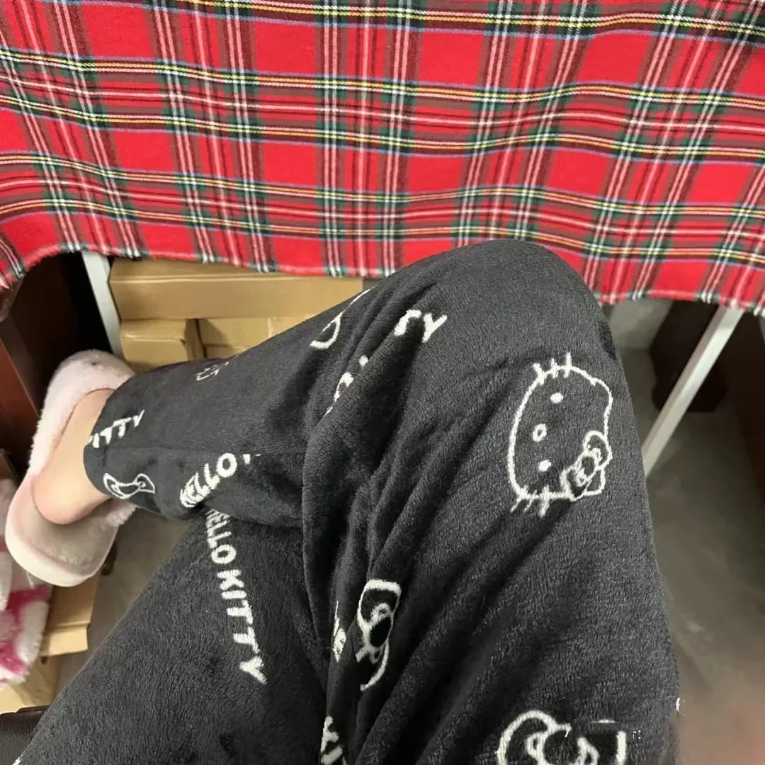 Christmas Sanrio Hello Kitty Pajamas Halloween Flannel Fashion Trouserswomen Kawaii Woolen Anime Cartoon Casual Home Pant Autumn